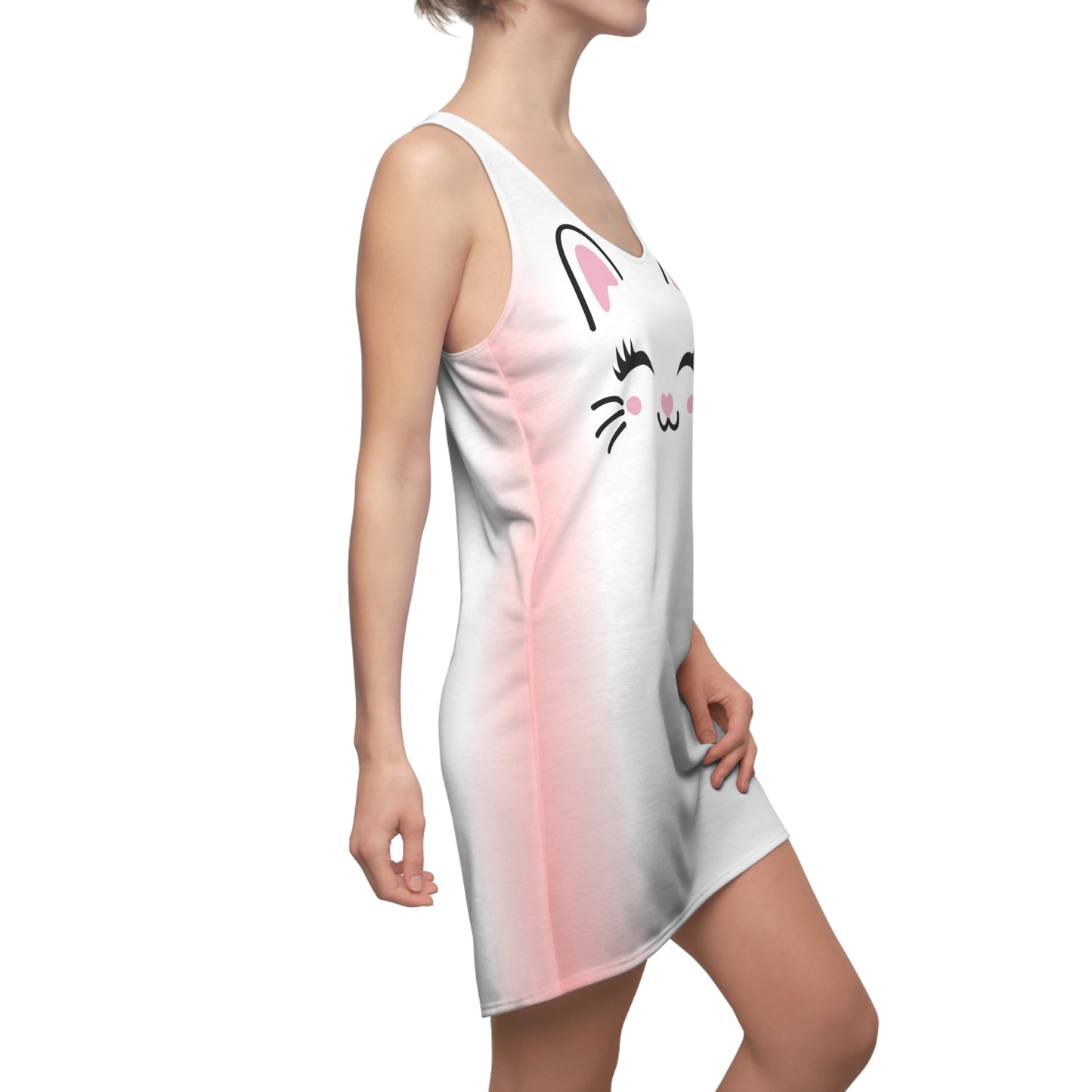 Racerback Kleid mit Cute Katzenmotiv in weiß Farbverlauf